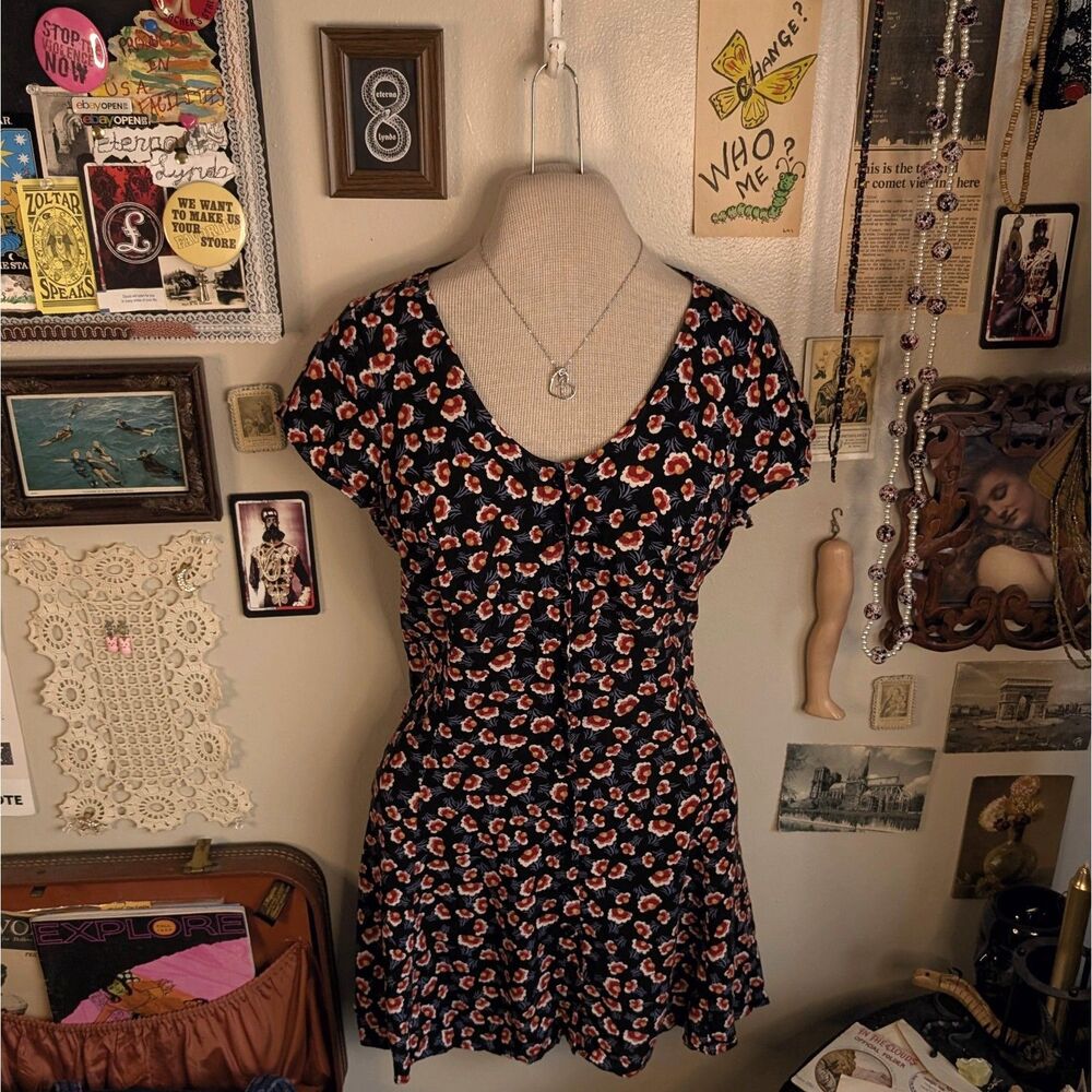 Floral Print Mini Button Down Dress Women's Small Navy Red Hawaiian Pattern